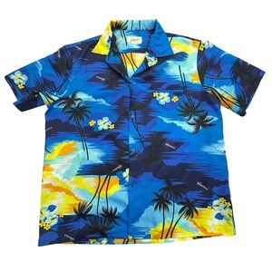 Helena's Hawaiian Shirt Mens XL Blue Aloha Made USA Aloha Tropical Print Vintage